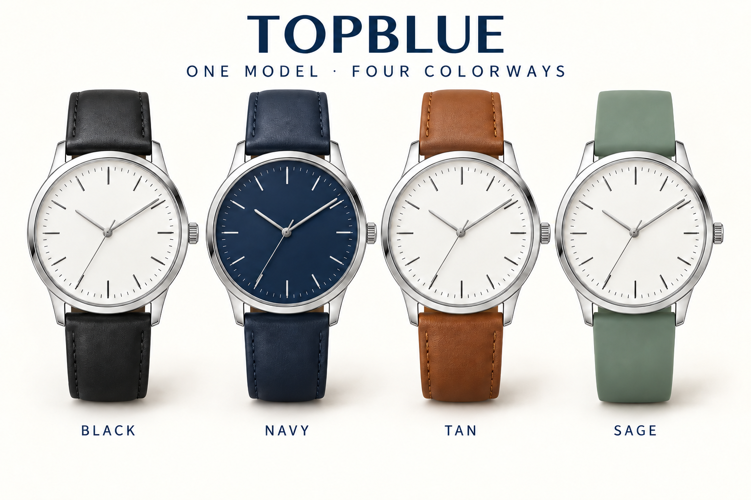 Black / Navy / Tan / Sage — same standard round watch in four colors