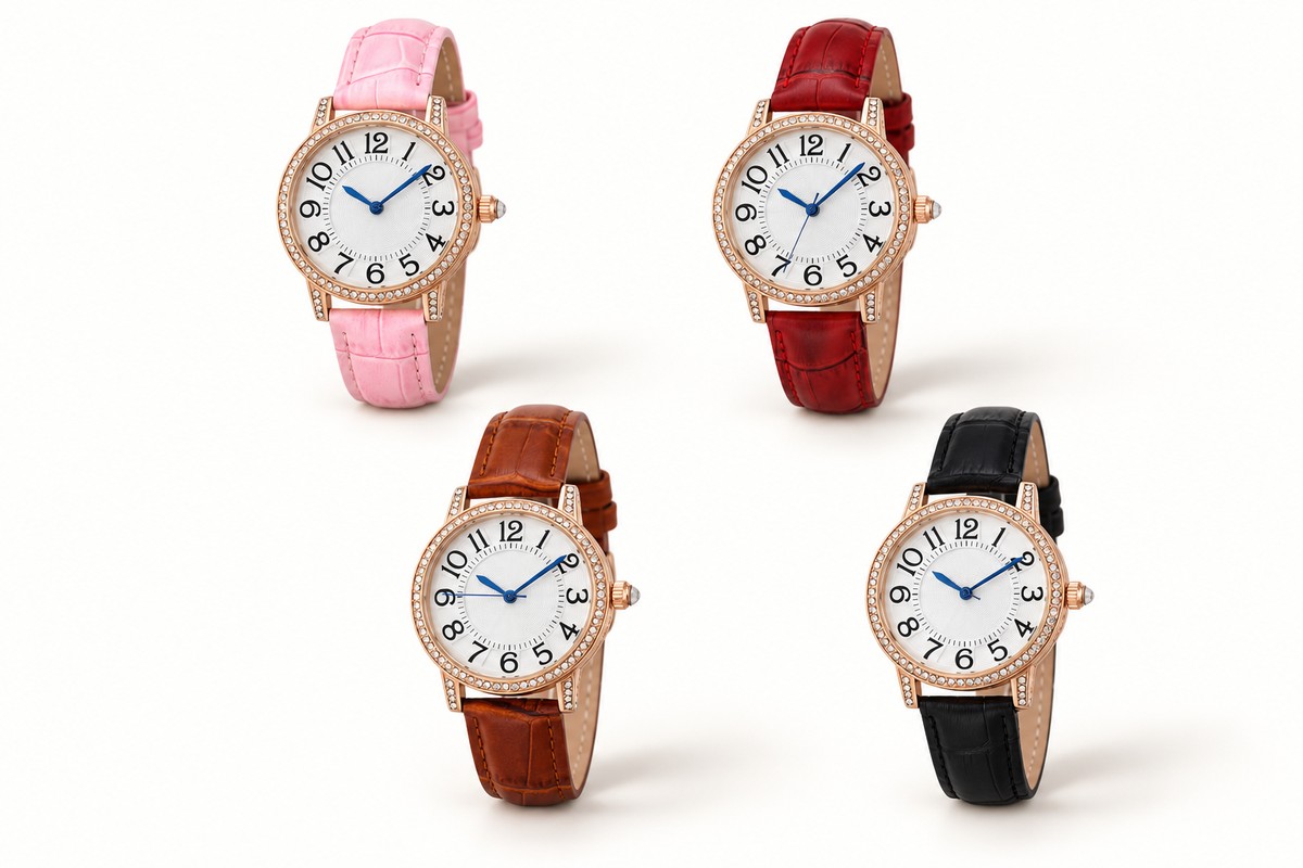 TB-4055 / Crystal bezel leather strap watch